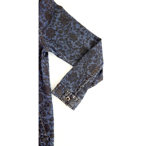 NADIA Blue Jean Jacket With Black Floral Design Button Up Size Large Made in USA - Picture 10 of 11